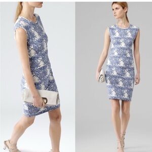 Reiss Women's Rica Palm Print Sheath Dress Ruched Coastal Blue Cream Size 4